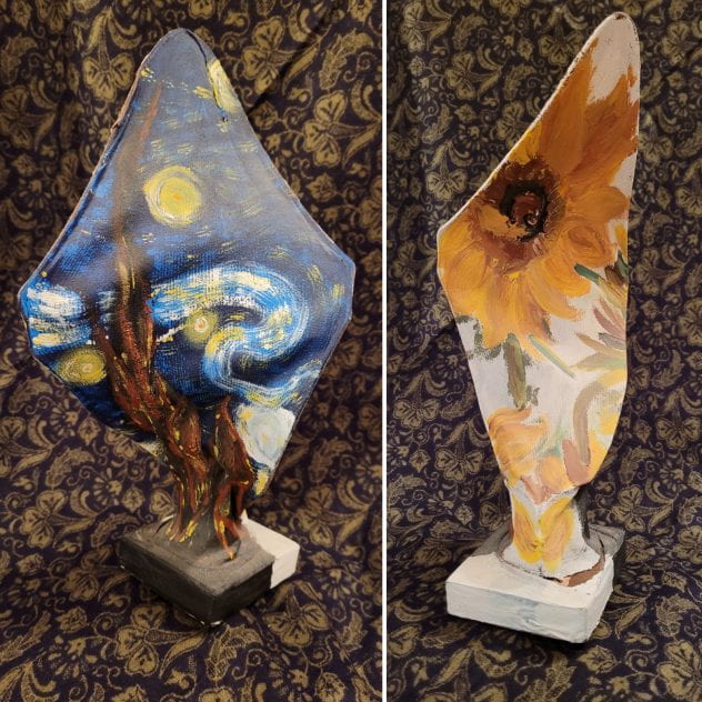 Coat hanger sculpture covered with painted canvas. One side with a starry sky and the other side with a sunflower