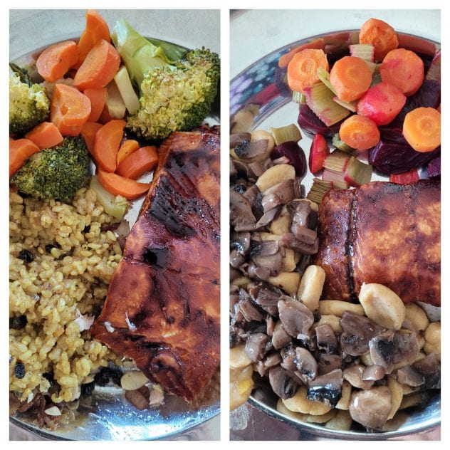 Two plates of food with veggies, rice or pasta and salmon.